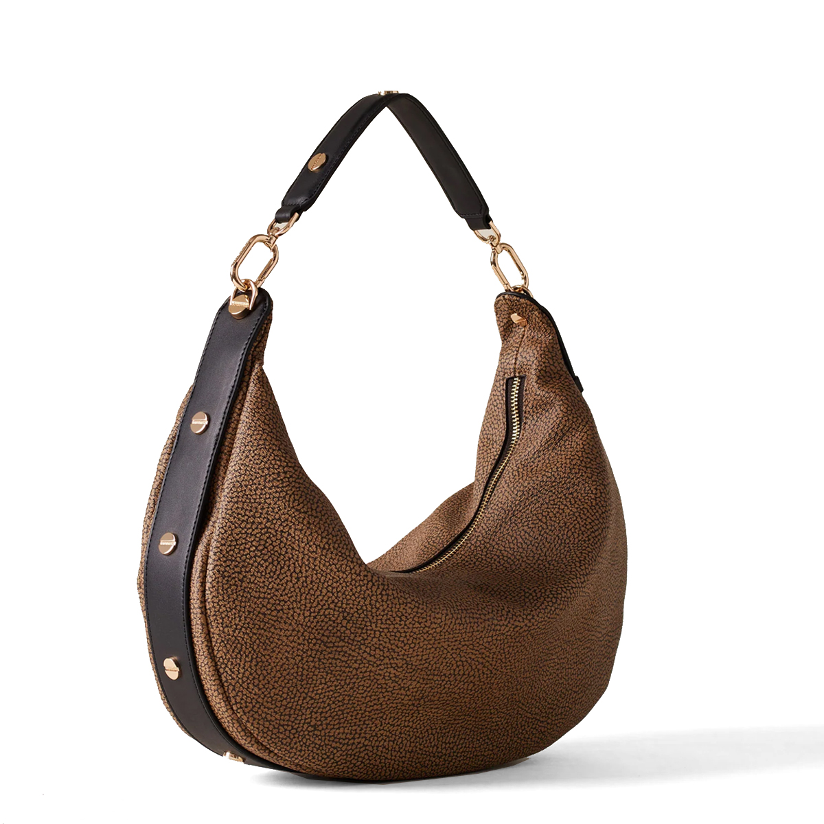 Borbonese Hobo Bag Oyster Medium in tela rivestita OP Naturale Nero - 2