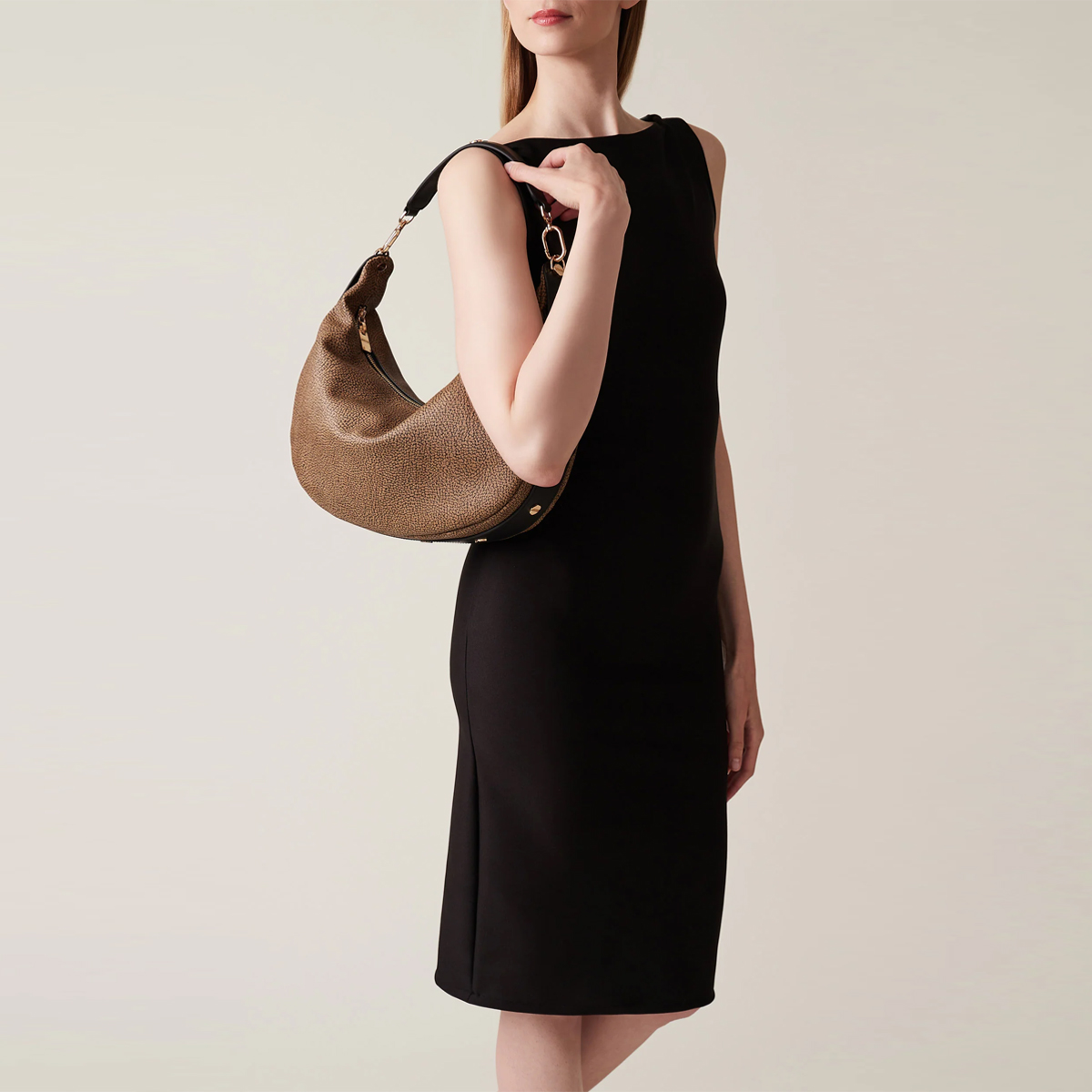 Borbonese Hobo Bag Oyster Medium in tela rivestita OP Naturale Nero - 5