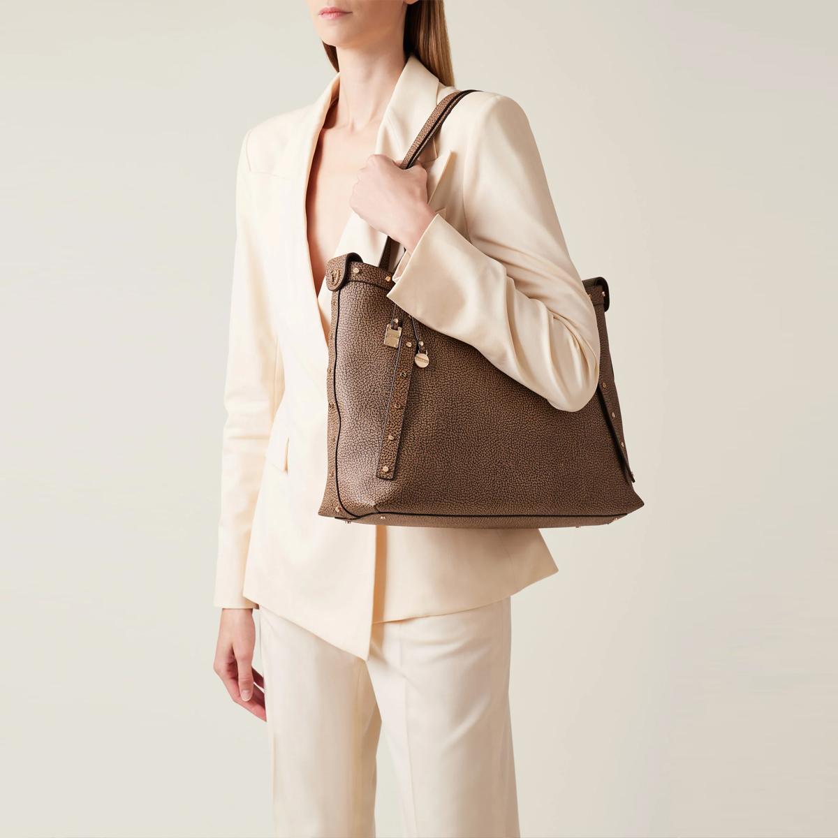 Borbonese Shopping Metropole Large in tela rivestita OP Naturale Nero - 5