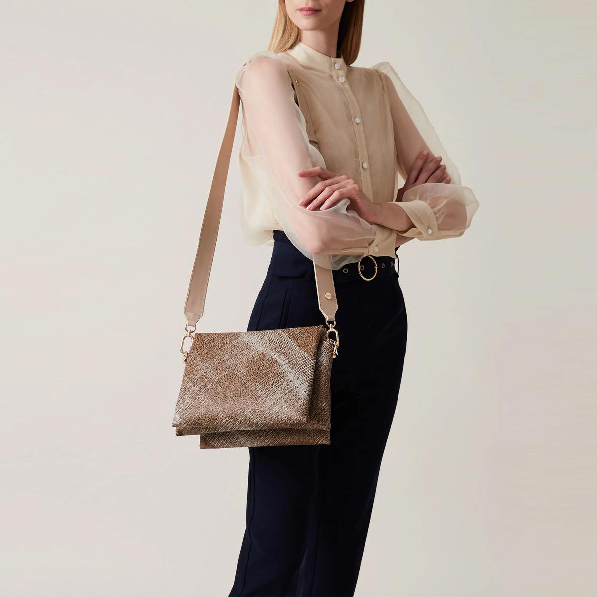 Borbonese Borsa a tracolla Oyster in tela rivestita OP Naturale Porridge - 6