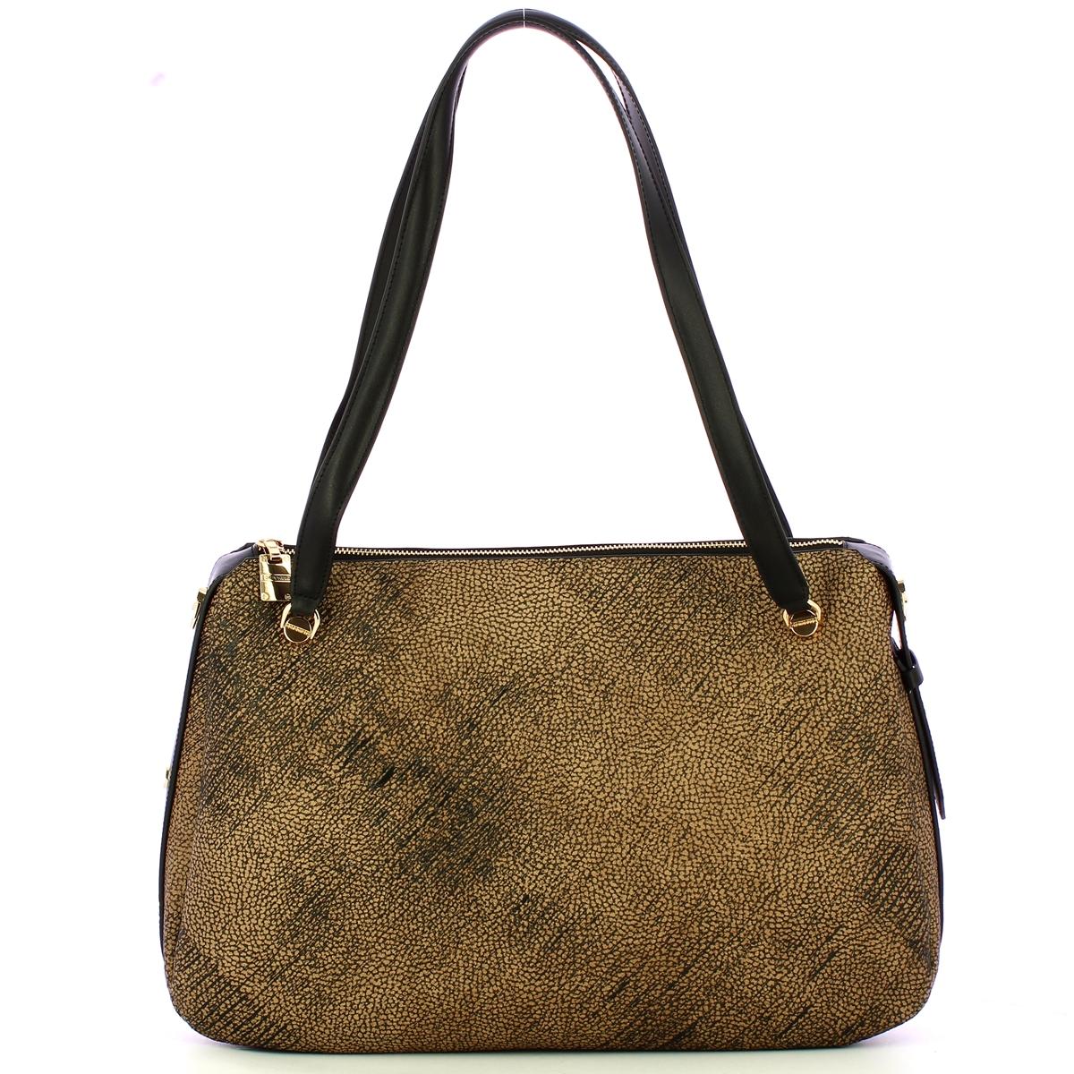 Borbonese Borsa a spalla Oyster Large in tela rivestita OP Naturale Nero - 1