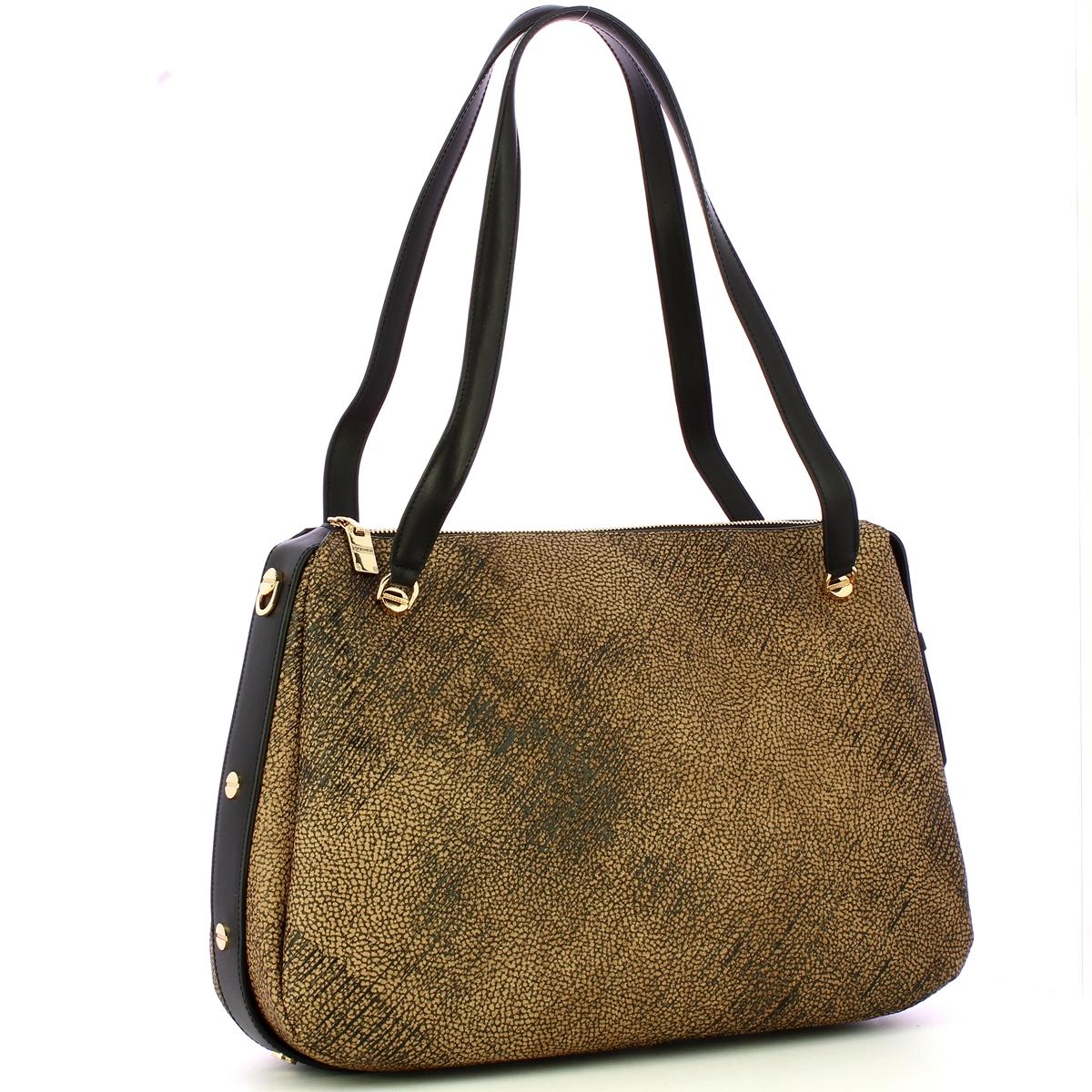 Borbonese Borsa a spalla Oyster Large in tela rivestita OP Naturale Nero - 2