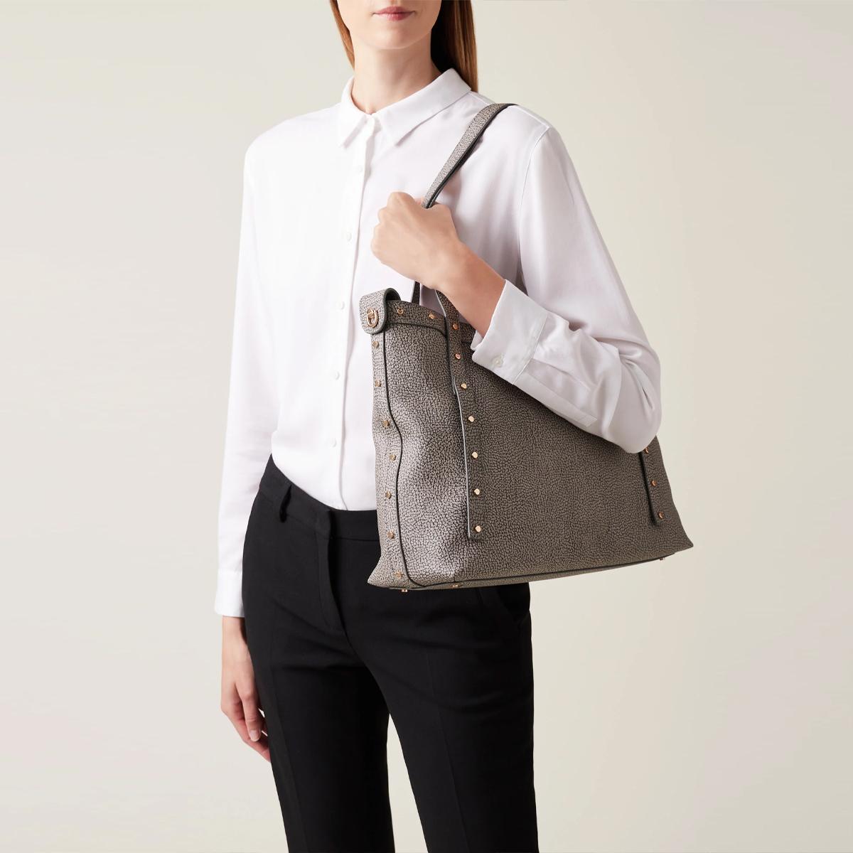 Borbonese Shopping Metropole Large in tela rivestita Clay Grey - 6