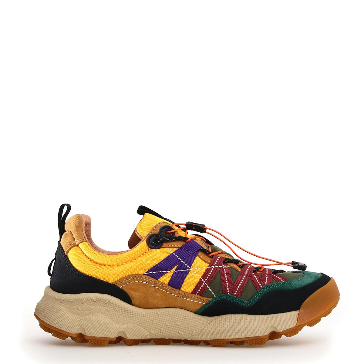 Flower Mountain Sneakers Unisex Iwano 2 Black Cognac Yellow Flower Mountain, sportive scarpe realizzate in tessuto tecnico e suede, suola ultraleggera Vibram dentella - 2
