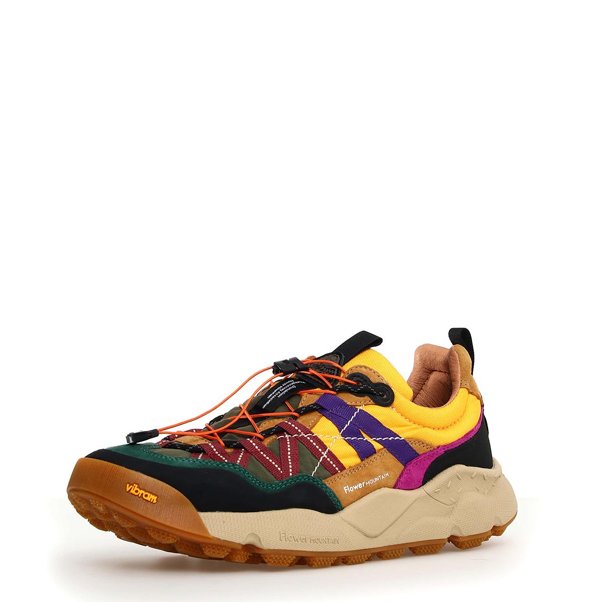 Flower Mountain Sneakers Unisex Iwano 2 Black Cognac Yellow Flower Mountain, sportive scarpe realizzate in tessuto tecnico e suede, suola ultraleggera Vibram dentella - 3