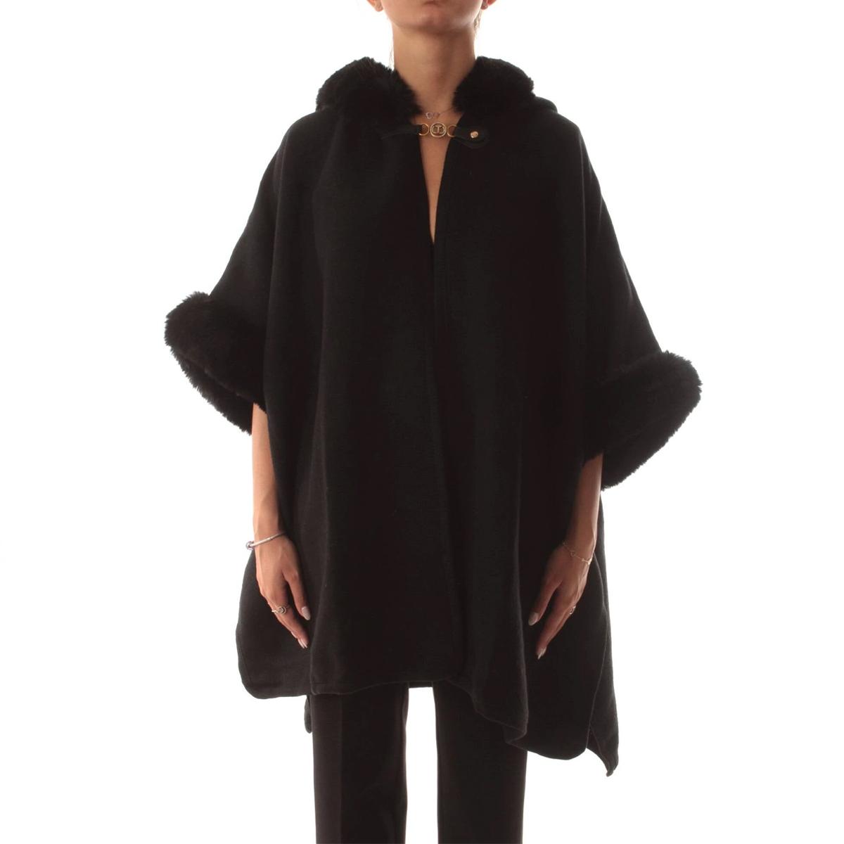 Twin Set Poncho in Panno e Faux Fur Nero - 2