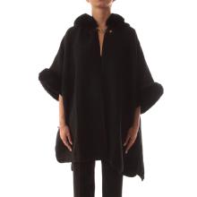 Twin Set Poncho in Panno e Faux Fur Nero - 2